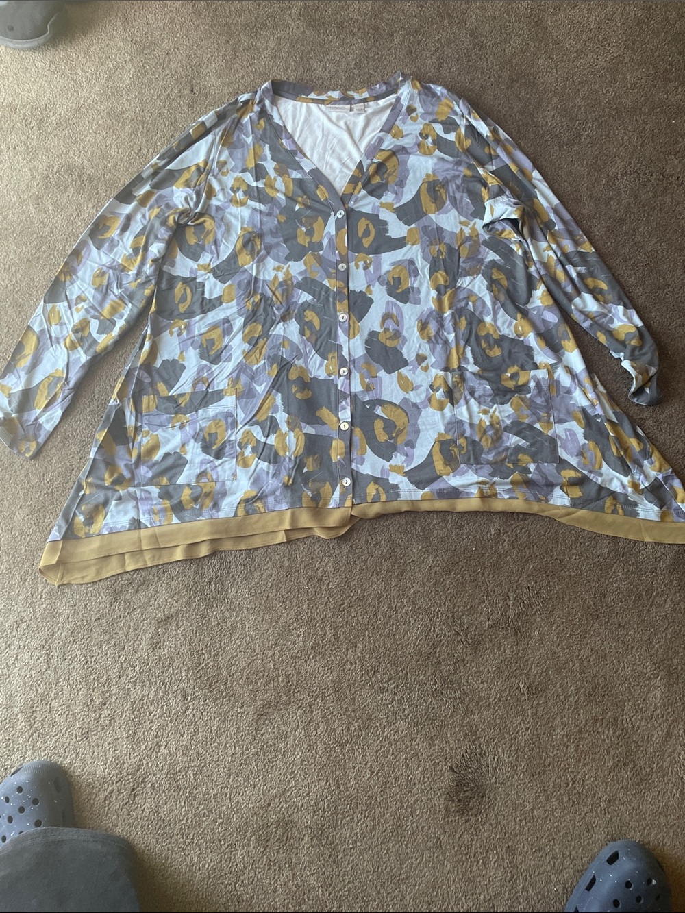 LOGO by Lori Goldstein Gray and Mustard Floral Button Cardigan